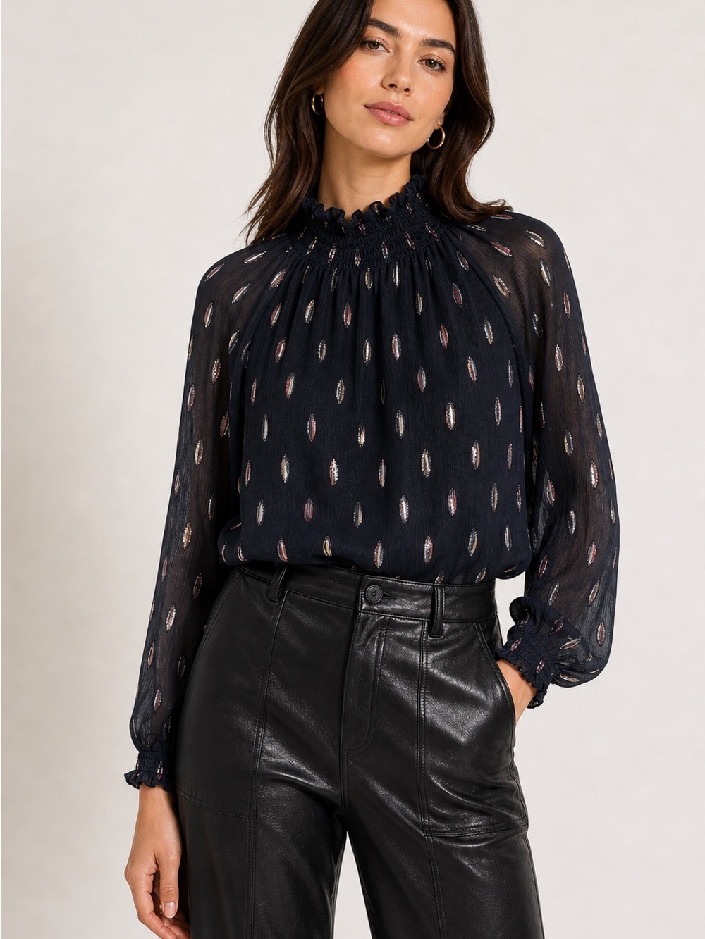 Rebecca Taylor Navy Silk Metallic Dot Smocked Neck Blouse size 6